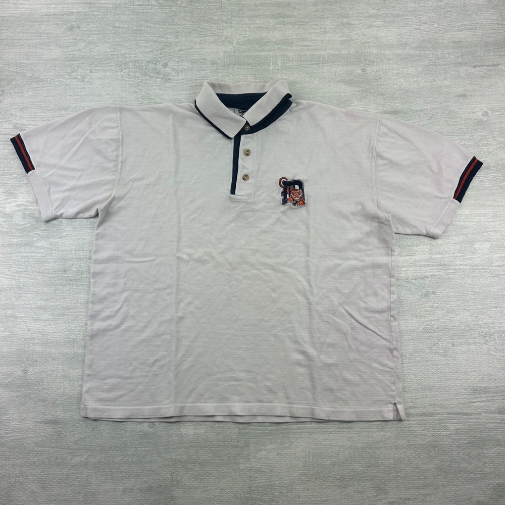 Vintage 90s Detroit Tigers Polo Shirt Size Large White MLB Baseball Collared‎